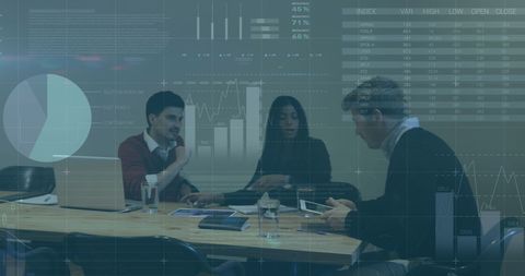 Diverse Team Discussing Reports with Digital Data Overlays