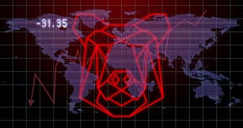 Glowing neon skull overlaying holographic world map hud with red glitch lines