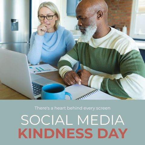 Diverse senior couple promoting social media kindness day