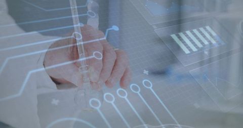 Scientist Conducting Experiment with Futuristic Data Overlay