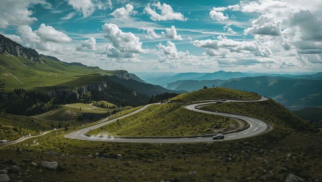 Winding Mountain Pass Road Under Cloudy Skies with Scenic View