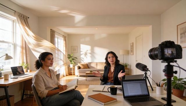 Remote video interview and podcast recording with two women in sunlit home office