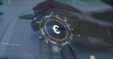 Typing hands on laptop with euro hologram interface for fintech and digital banking