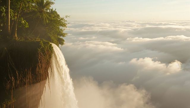 Lush Waterfall Cascading over Mossy Cliff into Cloud-Laden Mist