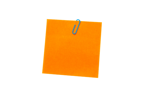 Orange memo note with blue clip on transparent background