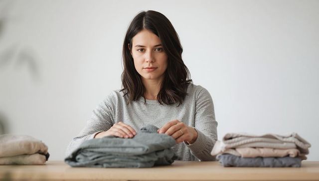 Young woman folding clothes at wooden table sorting neutral wardrobe for minimal living