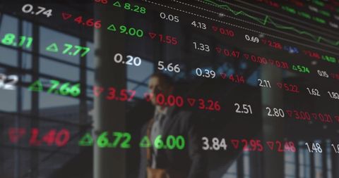 Walking businessman carrying leather bag through glass atrium with stock ticker overlay