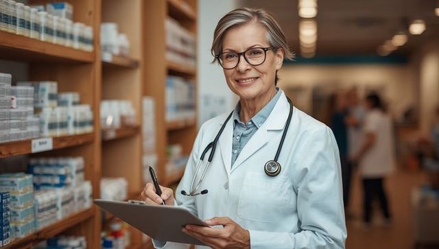 Senior Doctor Reviewing Medications in Pharmacy