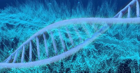 3d dna strand amidst digital binary code and blue light waves