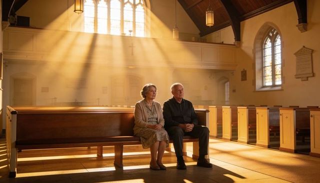 Senior couple sitting in sunlit chapel pews wearing cardigan and sweater, reflecting in vaulted chur