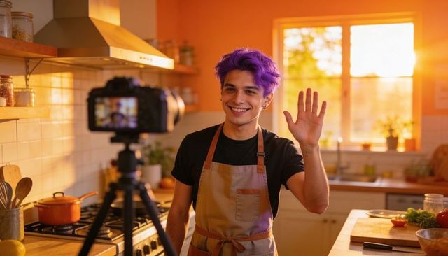 Purple-haired content creator waving and recording cooking vlog in warm golden-hour kitchen