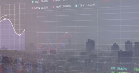 Market analytics overlaying foggy city skyline with neon financial charts and tickers