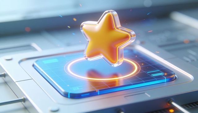 Hovering glossy star over futuristic holographic interface with neon glow and tech hud