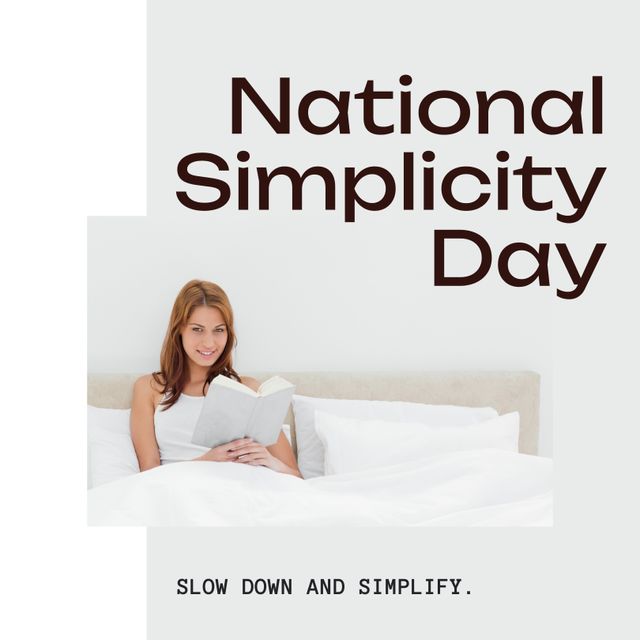 Young woman enjoying a good book while lying in bed on National Simplicity Day. Perfect for promoting reading, relaxation, or simplicity lifestyle concepts. Use it for social media posts, blog articles about relaxation or simplicity, or magazine features on mindful living.