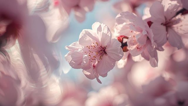 Blooming Pink Cherry Blossom Closeup Showing Delicate Stamens and Creamy Pastel Bokeh