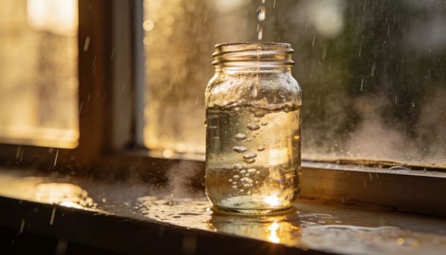 Sunlit mason jar filling with water on wet windowsill at golden hour