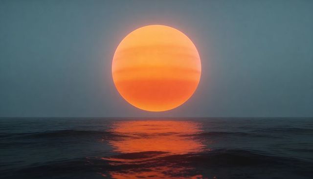 Monolithic Orange Sun Hovering Over Calm Ocean Casting Mirror-Like Amber Reflection
