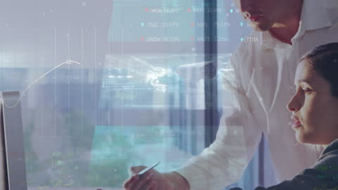 Business Professionals Analyzing Tech and Financial Data