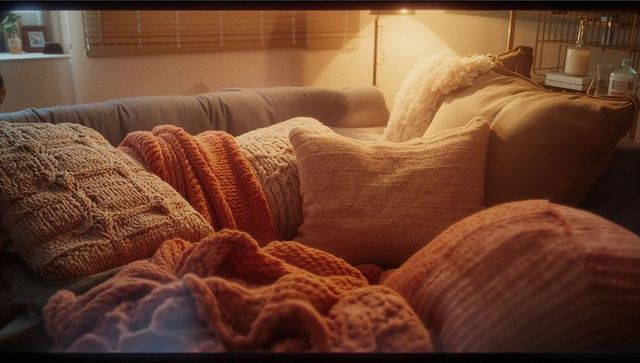 Cozy living room ambiance with chunky knit blankets