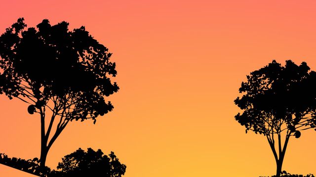 Illustration of trees in silhouette effect placed against a vibrant orange sunset background. This art emphasizes natural beauty and tranquility with a focus on peaceful outdoor environments. Perfect for use in digital projects related to nature, scenic views, relaxation themes, wallpaper designs, or background usage for presentations and marketing materials pertaining to environmental topics.