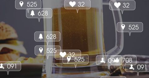 digital interaction symbols overlaying beer and snacks - Download Free Stock Images Pikwizard.com