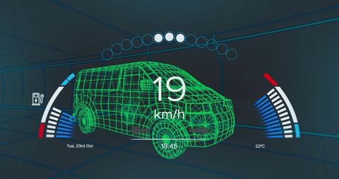 Neon wireframe van navigating futuristic hud tunnel showing telemetry gauges and speed