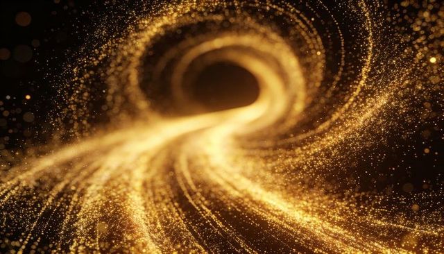 Swirling golden particle vortex creating luminous spiral trails and cosmic glow
