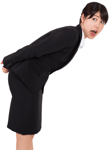 Scared asian businesswoman grabbed by doubt in black suit on transparent background
