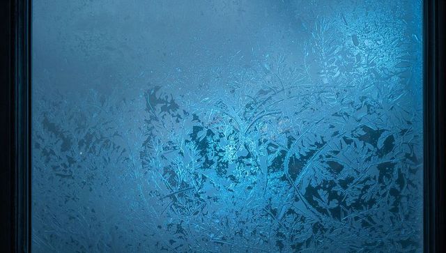 Frosted window pane glowing cyan with intricate ice crystal patterns and dark frames