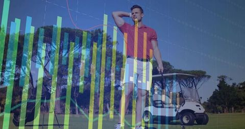 Golfer Posing on Fairway with Data Visualization Overlay for Sports Analytics