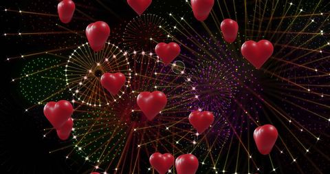 Floating Red Hearts and Fireworks Celebration