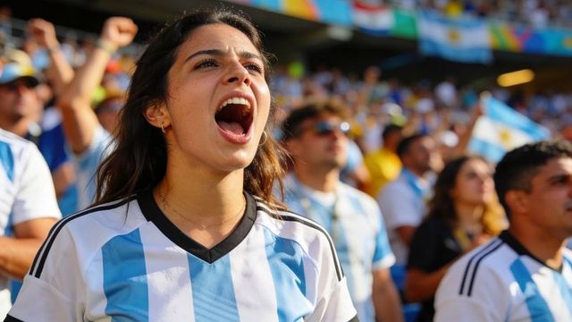 Passionate argentina football fan cheering, wearing national jersey and jewelry in crowd