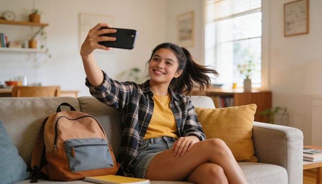 Teen taking smartphone selfie on sofa smiling in plaid shirt and denim shorts, cozy living room