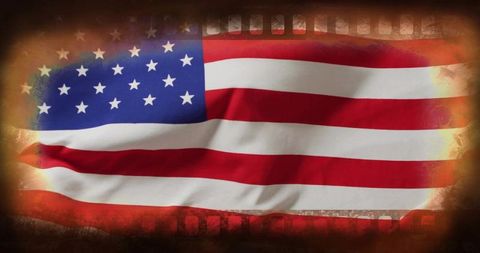 Waving vintage american flag with filmstrip border, grunge sepia texture, patriotic banner
