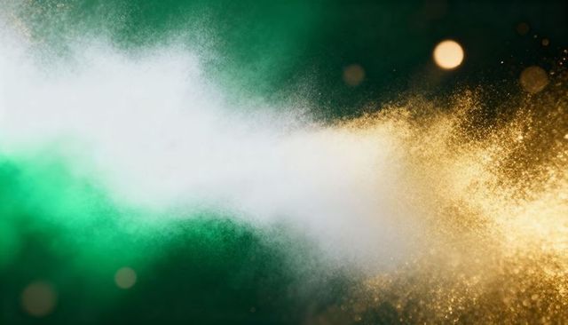 Emerald White Gold Powder Exploding into Glittering Particle Cloud over Dark Backdrop