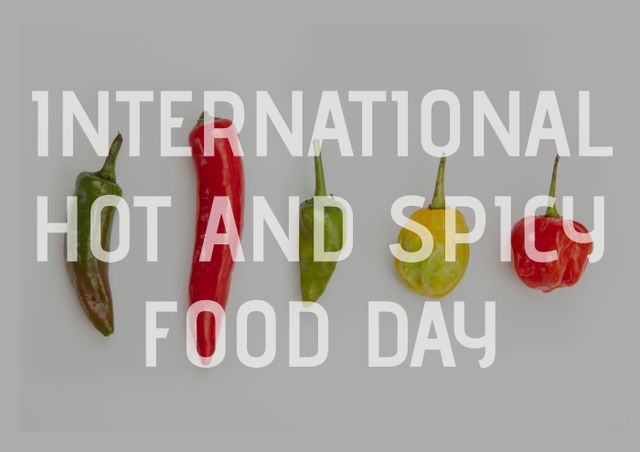 Digital composite image of international hot and spicy food day text over various chilies on table. text, communication, spice, food, arrangement, side by side, variation and spicy food day concept.