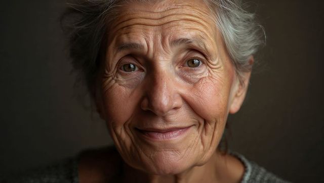 Smiling elderly woman closeup showing warm expression, wrinkles and natural skin texture