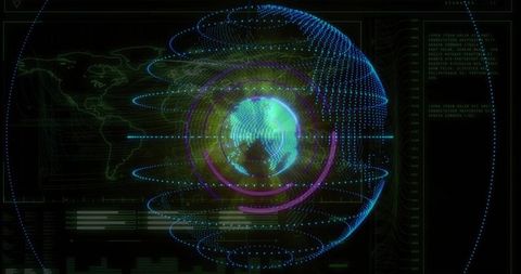 Rotating Holographic Earth Visualization with Neon Rings Futuristic Data HUD and Analytics Overlay