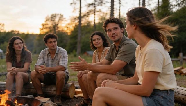 Friends sharing campfire conversation at sunset in forest, casual summer evening gathering