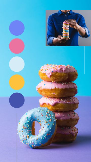 Vertical image of colorful dots, donuts and african american man holding donuts on blue background. Food, sweets and confectionery concept.