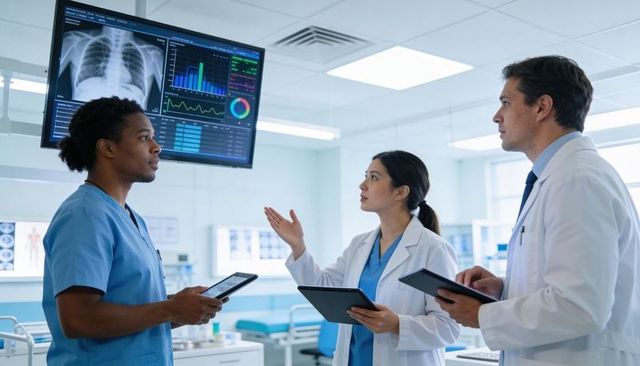 Medical team reviewing chest x-ray and clinical analytics on monitor, collaborating over tablets