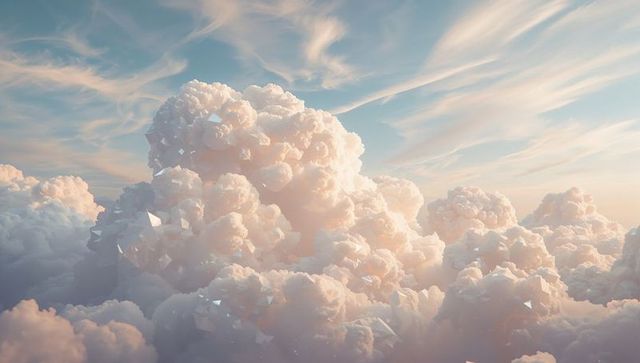 Glowing crystalline cumulus clouds catching warm sunrise light over pastel sky panorama