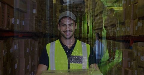 Smiling Warehouse Worker with Digital World Map Overlay