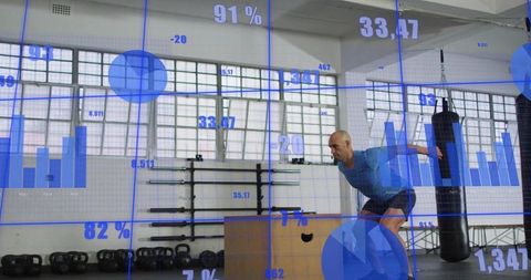 Athlete performing plyo box jump with analytics overlays and kettlebells in industrial gym
