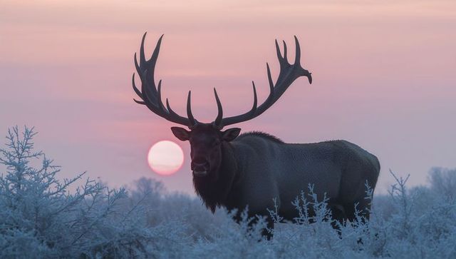 Majestic bull elk silhouette at frosty sunrise showing massive branching antlers, winter