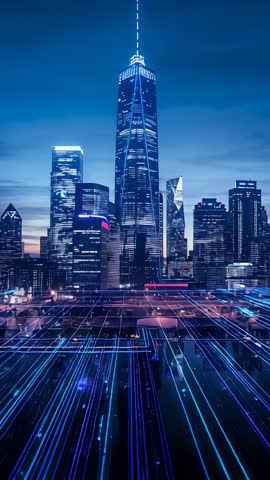 Vertical video showcasing spired skyscraper activating neon grid over futuristic skyline at dusk
