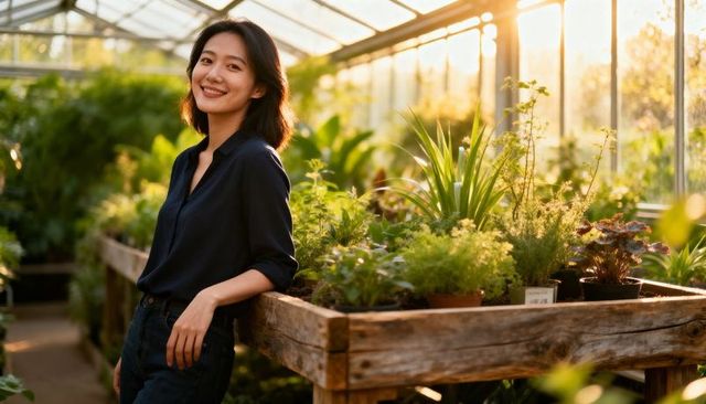 Smiling asian woman leaning on potting bench in sunlit greenhouse with lush plants in navy blouse