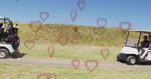 Couple Enjoying Golf Cart Ride with Heart Overlay in Scenic Landscape