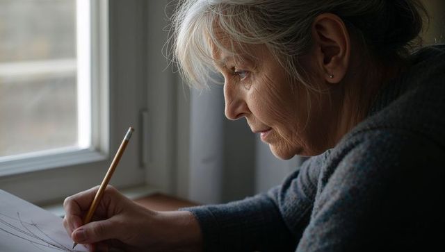 Mature woman sketching at table by window in soft natural light, contemplative portrait