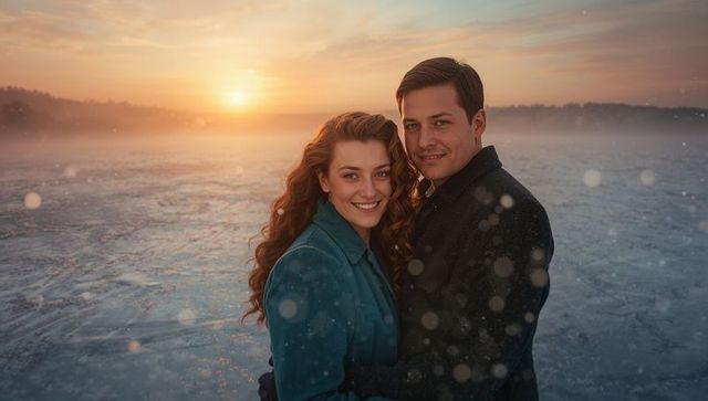 Romantic Winter Sunset on a Frozen Lake
